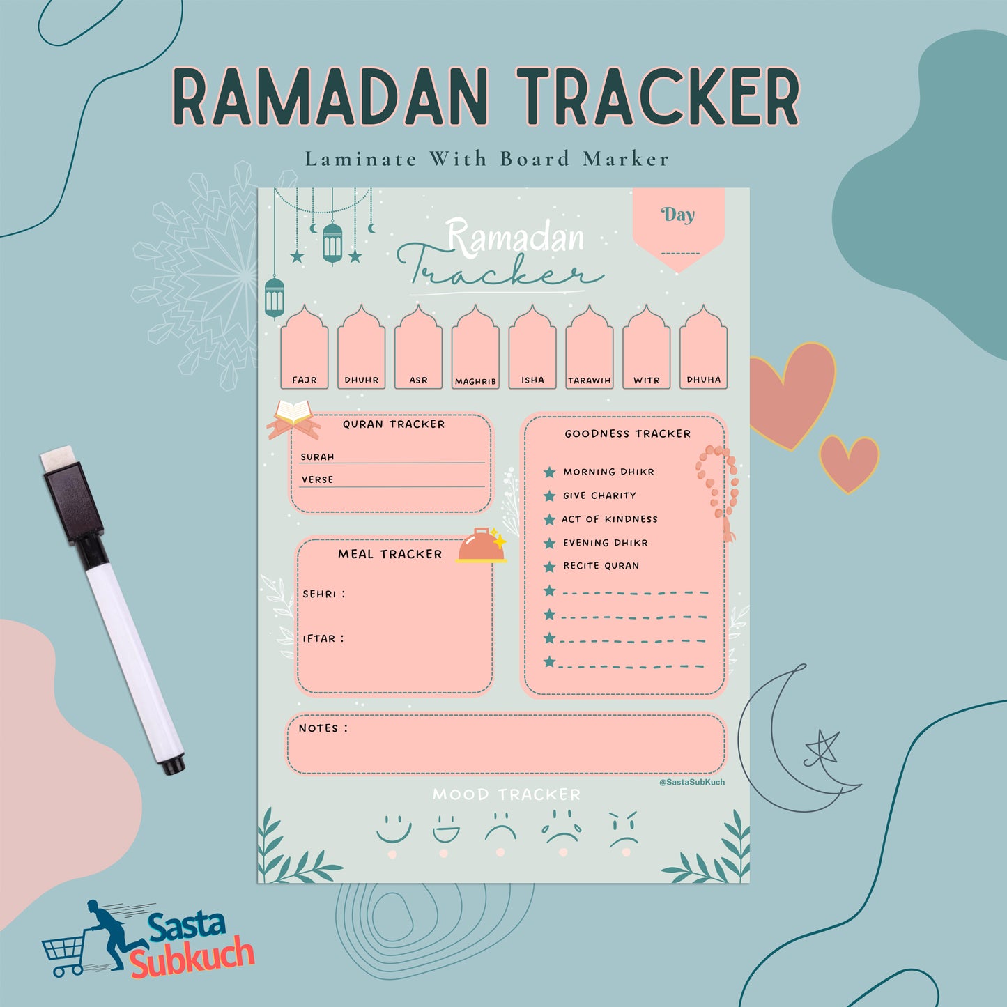 Ramadan tracker A4 size laminate with board marker