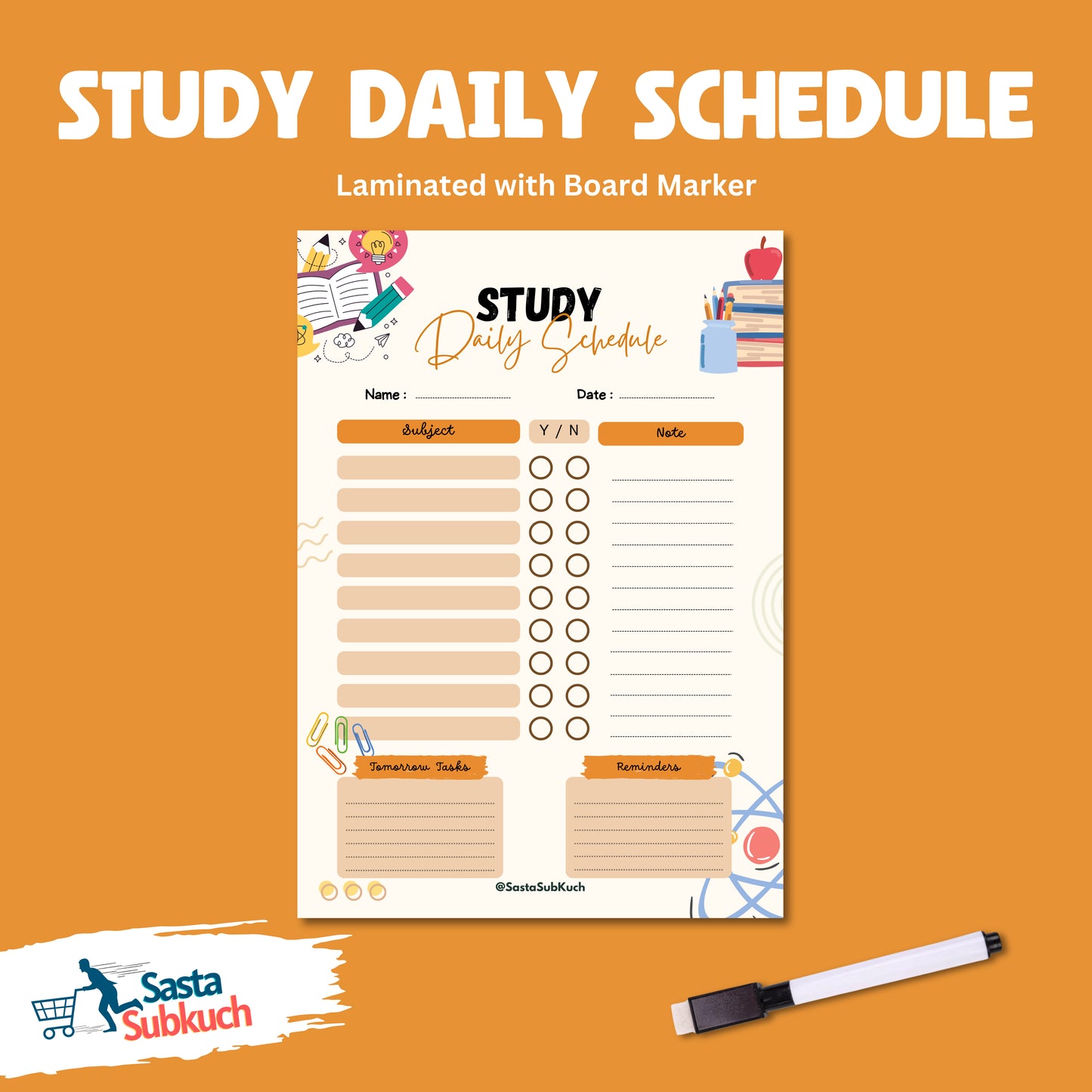 Study Daily Schedule Planner A4 Size Laminate with Board Marker