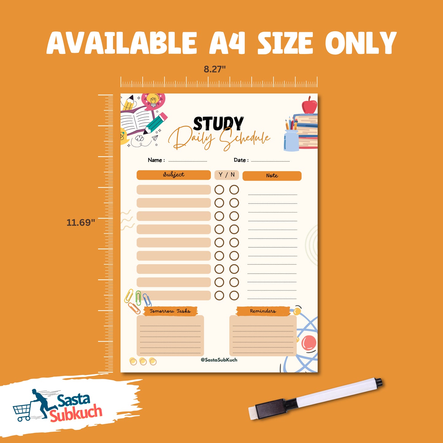 Study Daily Schedule Planner A4 Size Laminate with Board Marker