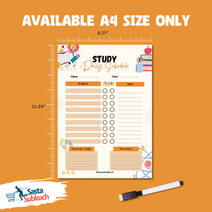 Study Daily Schedule Planner A4 Size Laminate with Board Marker